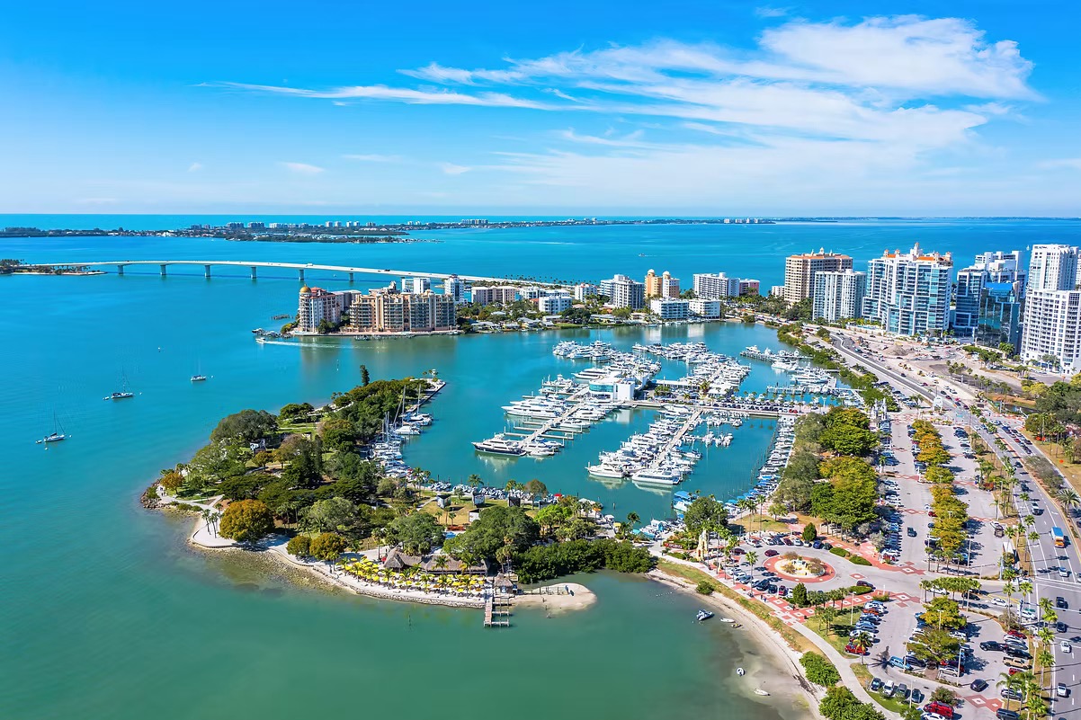 Aerial view of Sarasota Bay and downtown Sarasota for people moving from Maine to Sarasota