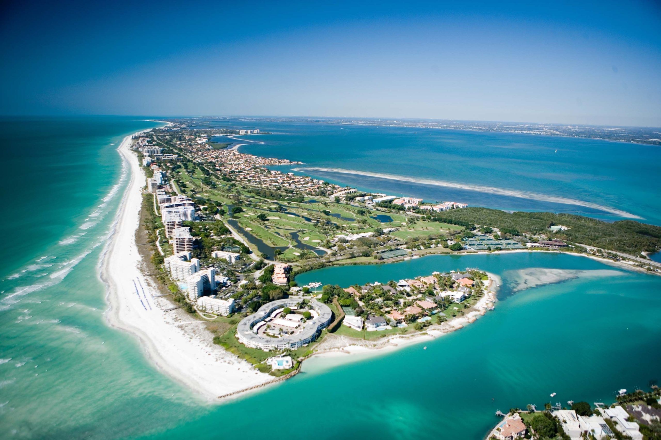 Aerial waterfront view of Longboat Key Florida between the Gulf and Sarasota Bay